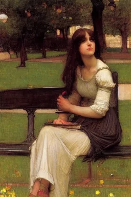 Woman sitting on a park bench John William Waterhouse