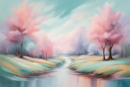 oil painting brush strokes on canvas drawing harmony visual landscape combination of colors, shapes, textures and other visual elements to create a sense of unity and balance. Pastel Colors: Soft pastel shades like blush pink, mint green, lavender and baby blue , a younger demographic or those aiming for a more whimsical and playful look.