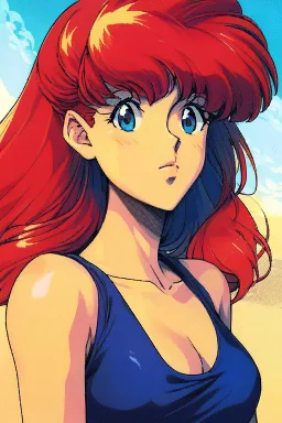 1girl, retro anime, 80's, redhead,portrait, synth-wave colored, beach