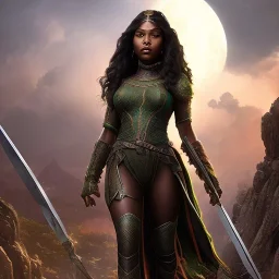 fantasy setting, dark-skinned woman, indian, black and green wavy hair
