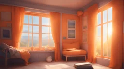 La casa naranja con ventana es un lugar acogedor para relajarse. El sol se asoma a través de la cortina, calentando la habitación. Es el lugar perfecto para relajarse con un buen libro y una taza de té. ¡Imagínese la vista desde esa ventana!