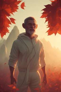 Ape portrait , jogging suite, at dawn by atey ghailan, golden light , white robe, holding leaves and flowers , angels background, volumetric light, high detail, red leaf tree, mountains in background, perfect