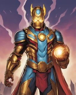 An armor made of a mixture of steel and leather, worn by a strong commander with magical power K's infinity gauntlet has six infinity stones While standing on a majestic height from afar A flaming-eyed commander with flaming light blue pupils stands atop a squire