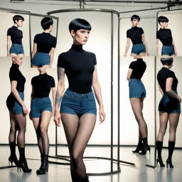 full body portrait -- an absolutely stacked, thin, petite, little female, who resembels Spock, with great big giant bazoombas, short, military-cut, buzz-cut, pixie-cut black hair tapered on the sides, wearing short sleeved, nylon, Turtleneck tube top, blue jean mini shorts, heavy, black fishnet stockings, punk rock styled, platform boots, red lipstick, dark, emo, eye makeup