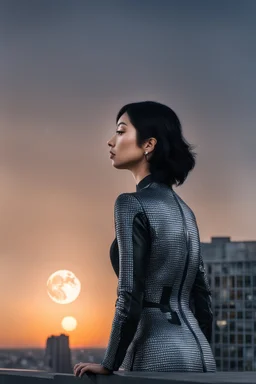 Photo Of A slim Woman With Black Hair, Wearing An android-looking suit, standing sideways On A Ledge of a building, With A waning moon Behind Her Head, sunset