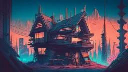 small Wooden European Cabin, In cyberpunk city-skyline, comic style