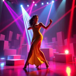 A breathtaking 3D animation of a passionate woman dancing a hot, energetic salsa. Her movements are fluid, expressive, and perfectly synchronized. Surrounding her is a futuristic, evolving stage filled with animating abstract 3D geometric structures that constantly morph, shift, and pulse to the rhythm. Dynamic, vibrant neon lights, colorful volumetric laser beams, and dramatic strobes sweep across the dark environment, casting beautiful shadows. Cinematic camera movement with smooth tracking