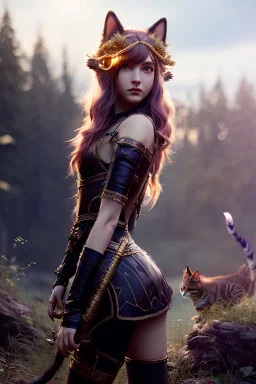 Druid character, young woman, cat ears, golden hair, long hair, golden eyes, scars on body, animal hide armor, waist up portrait, 4k resolution, intricate details, ornate details, soft lighting, vibrant colors, retroanime, masterpiece, intricate eyeliner, dark eyeshadow, eyes, intricate tattoos, natural background, fae, sidhe