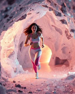 make a video pretty crystal cave covered with jewells and CIFI jewell lights and 3d recursive cubic and sphere base pearls and jwells a beautiful fashion model lady with cute,curvy hair,makeup, in pretty sports suit is running inside cave ,dynamic camera fallow her inside cave capturing full body, dynamic lights.