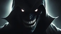 Badass Shadow man with sharp glowing white eyes and sharp shadow teeth