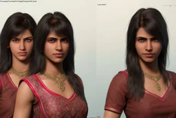 Indian Female character 19 years Proportions of the character the head-to-body ratio . Create a distinctive that helps the character stand out and be easily recognizable Design the character's face, including the shape of the head, eyes, eyebrows, nose, mouth, and ears. Consider the character's personality, age, and any unique that set them apart depth and visual interest. Front, Side, and Back Views: Provide multiple views of the character, including front, side, and back mode sheet