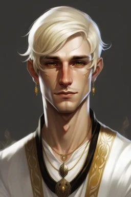 A young half elf man with White-Blonde, short hair, dark black eyes, dressed in white and gold with lots of jewelry, hero 30 years old