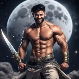 Hyper Realistic Shirtless Muscular Young Handsome king with beard & short black hair on moon smiling with his sword in outer space