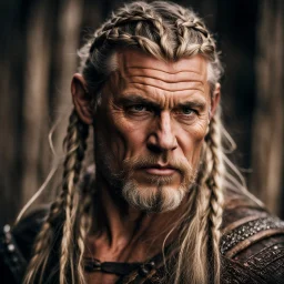 portrait of a 50-year-old viking ,blonde beard with grey highlight and long blond hair with Two small braids. Rugged face with a scar on his cheek, modern fantasy