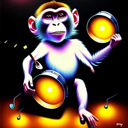 A monkey playing the drums, london at night, oil painting