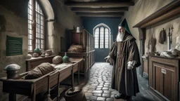 a holy healer is travelling in medieval hospital.