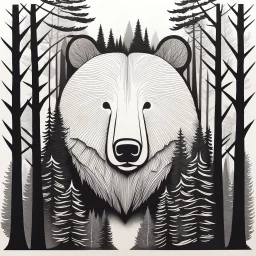 M shaped bear head surrounded with lots of woods silhouette in background, letterpress style, minimalistic pencil art