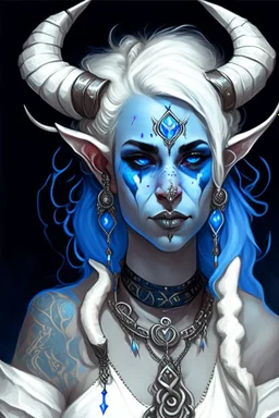 A young tiefling woman with a set of ram horns on her head encrusted with jewels, White-Blonde, medium length hair, black eyes, dressed in white and blue with lots of jewelry, beautiful, satanic tattoos on her neck, she is happy