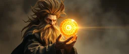 fearful dwarven priest with wild standing hair, expert holding up a floating radiant Painite crystal rosette ball shooting radiant light through the fog, folded hands