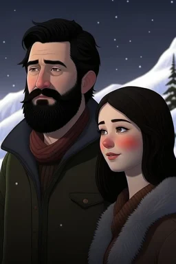 Mountain Christmas scene, dark haired couple, man with short black beard