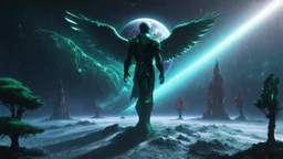 matrix, god creation, few planets on the back ground. small and large monoliths of red, blue, and green crystals of tiberium on the right side, seven space trees on the left side of the angel from the other dimensions.