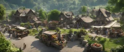 a pro-quality photo of a busy outdoor village market, with a beautiful outdoor countryside summer scene with hills & fields, intricate dwellings, many pathways, streams, waterfalls, waterwheel : very high detail, photorealistic, epic cinematic, 8K, Large depth of field