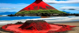 A red beach with an active volcano designed in Maori sculptures painted by Wassily Kandinsky