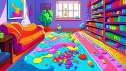 Fantasy cartoon illustration: Living room. On the floor there is a bright blue dot - it's a jelly bean! And nearby there is a whole trail of colorful jelly beans: red, green, purple, orange, red, blue, orange, purple, orange, green, pink, red, purple.