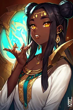 arcane animation series style, league of legends, Solo, 1girl, attractive teenager, african, dark skin, golden eyes, black hair, pair buns, forehead bangs colored in violet, necklace, earrings, modern makeup, (detailed skin texture), white oversize shirt