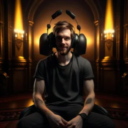 a guy king wearing headphones sitting on a throne in hell