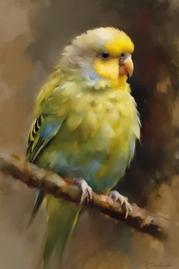oil painting, by Richard Schmid, ((best quality)), ((masterpiece)), ((realistic, digital art)), (hyper detaile), oil painting, Masterpiece, intricate details, close up, head and shoulders painting of an English budgie