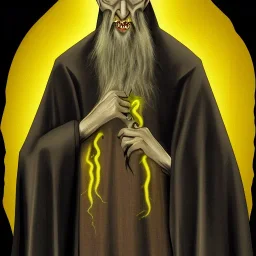 Realistic Nosferatu vampire with pale grey skin and yellow glowing eyes with tentacle beard and vampire fangs as Russian Orthodox in shadow