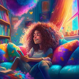 A beautiful girl with curly hair is sitting on the sofa in her room and her beautiful and colorful dreams are flying around the room. A room full of joy and passion and color, digital art, 4k, full details, high resolution