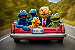 World Class Photograph of 3 Sesame Street muppets sitting in a convertible car and smiling on their road trip - one is Kermit the Frog, one is Cookie Monster, and one Looks exactly like Donald Trump