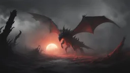 an apocalyptic flat landscape covered in dark gray dust. bleeding sun. zombie dragon. dark grey mist. seen from the ground. fantasy, horror. no trees