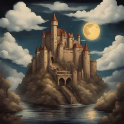 Alinor Castle covered in clouds, In Tarot Card Art Style, best quality, masterpiece