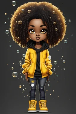 Create an stippling art illustration of a chibi cartoon black female thick curvy wearing a cut of yellow hoodie and black jeans and timberland boots. Prominent make up with long lashes and hazel eyes. Highly detailed shiny black curly afro hair. Background of a large bubbles all around her 2k