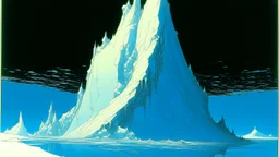 A digital serigraphy by Moebius and Myazaki of an iceberg. A imagem deve mostrar o iceberg completo no fundo do mar. Cyberpunk style.