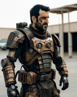 A brave iranian warrior with leather and metal combat clothes robotic metal with the left