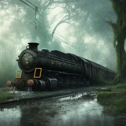 an abandoned train on tracks overgrown by nature with large puddles of water flooding part of tracks, 8k resolution, high-quality, fine-detail, intricate, digital art, detailed matte, volumetric lighting, illustration, 3D octane render, brian froud, howard lyon, selina french, anna dittmann, annie stokes, lisa parker, greg rutowski