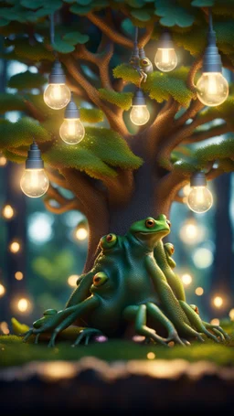 a huge tree growing light bulbs and frogs,bokeh like f/0.8, tilt-shift lens 8k, high detail, smooth render, down-light, unreal engine, prize winning