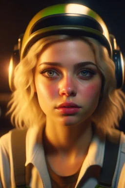 cockpit, a cute blonde latino female chat robot that stares at us like we are the prettiest demons she has ever seen, its such a perfect day, motion blur, smoke, 8k, downlight, soft light, depth of field, photorealism, trending on art station, lotsa detail