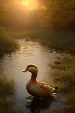 eine ente steht am bach neben einem wald bei sonnenuntergang fantasy art