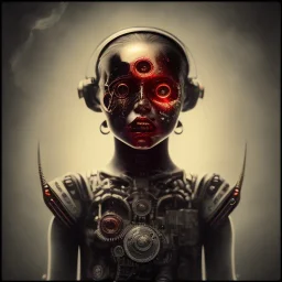 a little girl with a cyborg brain and a lot of red liquid, steam punk, scary, horror, realistic, made in octane, cinematic, ultra-realistic, extremely detailed octane rendering, 8K, VRAY Super Real ar 2:3, dof photorealistic futuristic 50mm lens hard lighting dark gray tintype photograph, realistic lighting, sephia colors