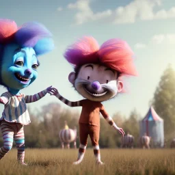 Ultra realistic circus scene. Sweet hair monster and Child’s playing, smile, happy, color bubbles, smooth color, waist up view, Wes Anderson style, dark ambient, highly detailed, concept art, unreal engine 5, god rays, ray tracing, RTX, lumen lighting, ultra detail, volumetric lighting, 3d, finely drawn, high definition, high resolution.