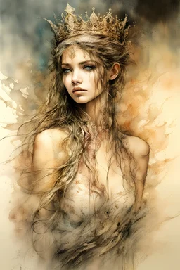 Hyper-photorealistic watercolor art style by Luis Royo & Carne Griffiths, Surreal fine art etching of a figure by Luis Royo, tanned skin inscribed with the transient story of mortality, ethereal light playing with its form whispering tales of an eternal realm, eyes, black as the depths of the night, ardently pinand looking towards the endless skies, a crown of black hair mirroring the mystery of the cosmos around, whole scene tinged with an ethereal softness from volumetric lighting, hues gr, My