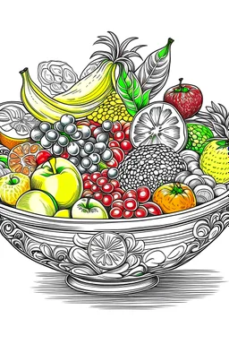 A page with a bowl of different fruits , white background, sketch style, full body, only use outline, Mandala style, clean line art, white background. No shadow clear and well defined .