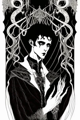 black haired young man necromancer wizard with gothic jewelry and tentacle fingers in the style of Harry Clarke