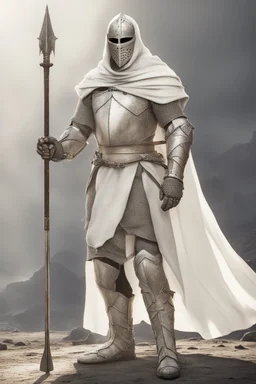 Knight wearing white chainmail armor and white cape with white face mask, holding a spear