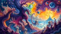 A surreal dreamscape of vibrant colors and swirling patterns, where fantastical creatures and mystical landscapes blend together in a mesmerizing dance of light and shadow, born from the limitless imagination of a dreamer's mind.